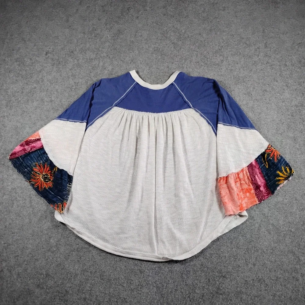 We The Free People Womens XS Friday Fever Blue White Bell Sleeve Boho Top